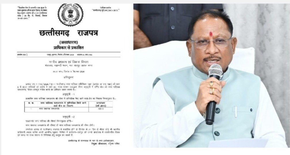 *नगर पंचायत पत्थलगांव को नगर पालिका बनाने की अधिसूचना छत्तीसगढ़ राजपत्र में प्रकाशित, मुख्यमंत्री श्री साय ने पत्थलगांव के ग्राम किलकिला में नगर पालिका बनाने की घोषणा की थी* 1 IMG 20240911 132625